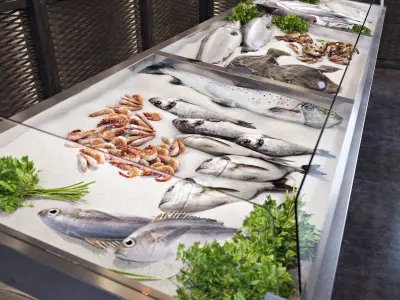 Showcase with fish and seafood 3D model