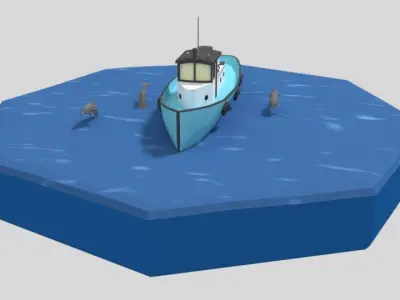 Low Poly Cartoon Fishing Boat and Dolphins Low-poly 3D model