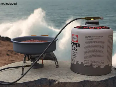 Camping Frying Pan with Steak on Gas Burner 3D model