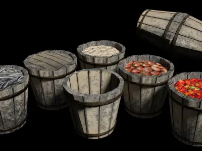 Wooden Bucket Food Grains Fish Vegetables  Low-poly 3D model