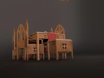 Medieval table and chair set with pbr textures 3D model