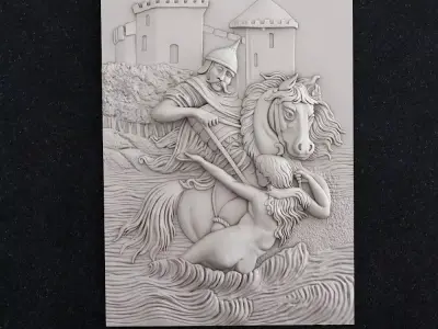 Knight sculpture of man riding horse in water 3D print model