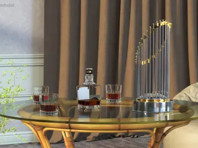 Baseball World Series Trophy with Whiskey Set on Glass Table 3D model