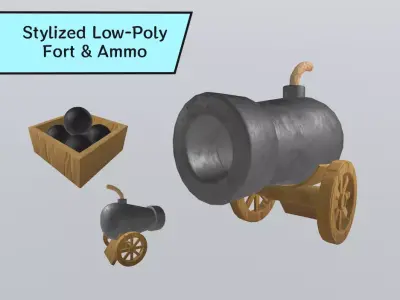 Stylized Low-Poly Medieval Fort Cannon Low-poly 3D model