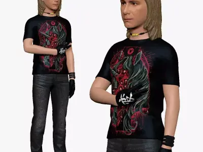 001253 guy with long hairs in rock t-shirt 3D model