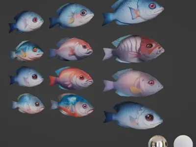 Stylized Fishes- Ai painted  Low-poly 3D model