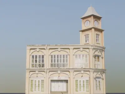 Phuket-Oldtown-1 building with clock tower Low-poly 3D model