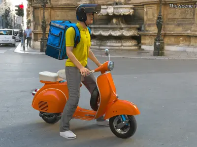 Delivery Man on Retro Scooter Standing 3D model