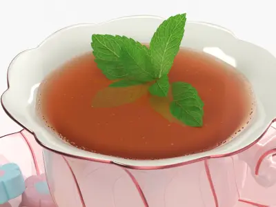 Mint Tea in Pink Porcelain Cup with Marshmallows 3D model