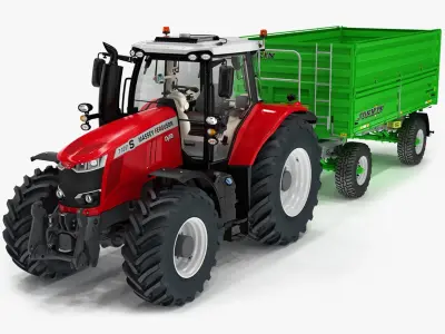 Farm Tractor Massey Ferguson 7700S with Tipping Trailer Joskin Tetra Cap 5025 19DR160 3D model