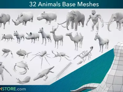 32 Animals Base Meshes Free low-poly 3D model