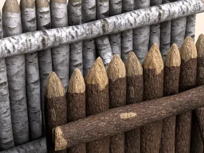 Log Fence birch pine bark wooden fencing Low-poly 3D model