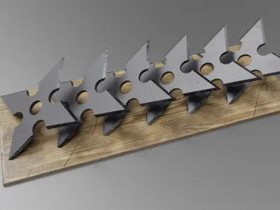 shurikens five knives on wooden board Free 3D model