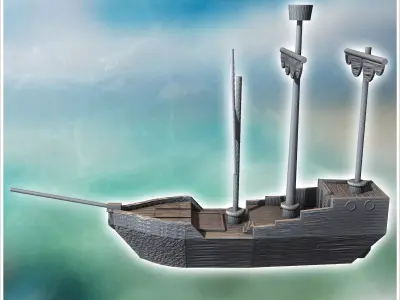 Medieval boat with folded sail and mast observation post 4 - Med 3D print model