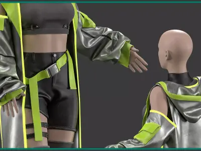 female cyberpunk outfit with texture and smart material 3D model