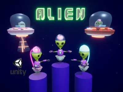 Cartoon Style UFO and Alien Sci-fi Game asset Low-poly 3D model
