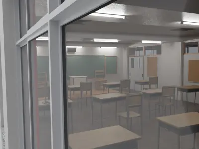 classroom with desks and chairs Low-poly 3D model