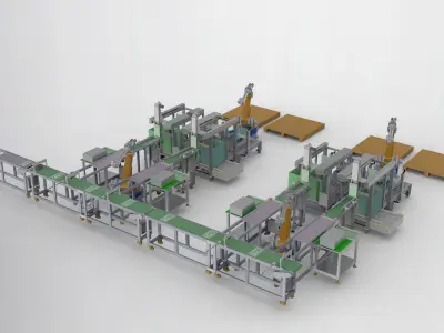 Pcb board loading package stacking conveyor line 3D model