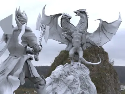 Axe warrior and 2 headed dragon 3D model