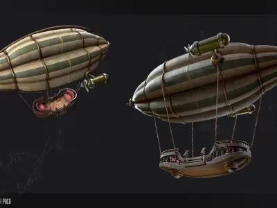 Steampunk Zeppelin Air Balloon Model Game Ready Kitbash Textured Low-poly 3D model