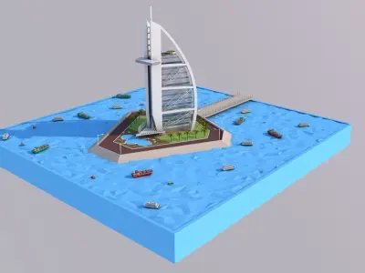 Low Poly Burj Al Arab Hotel Tower Landmark Low-poly 3D model