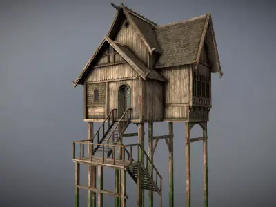 Medieval Lake Village - House 7 with interiors Low-poly 3D model