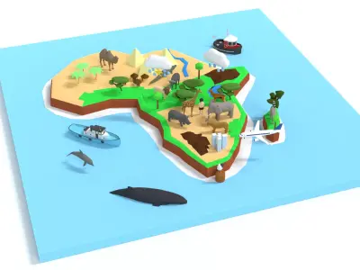 Low Poy Cartoon Africa Map With Animals Low-poly 3D model