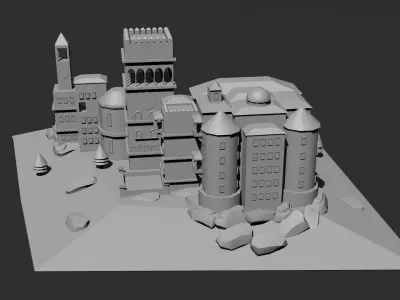 Low Poly Castle 5 building Low-poly 3D model