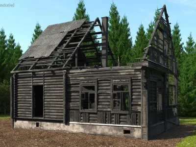 Burnt Wooden House Brown 3D model