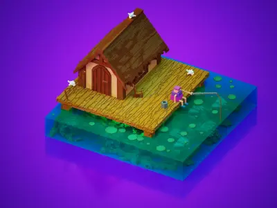 fishing and wooden cabin voxel art 3D model