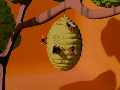 Bee  Tree hive honey on Grass Low-poly 3D model