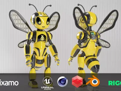 Futuristic Bee Robot Mascot Rigged Character Low-poly 3D model