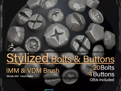 Stylised Bolts and Buttons IMM and VDM Brushes Zbrush 2021 3D model