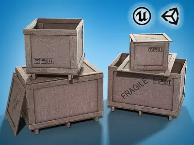 Plywood crates with cover lids - 3D VR AR game ready Low-poly 3D model