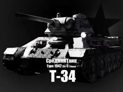 T-34-76 - Soviet Medium Tank - Type 1942 - Winter Coating Low-poly 3D model