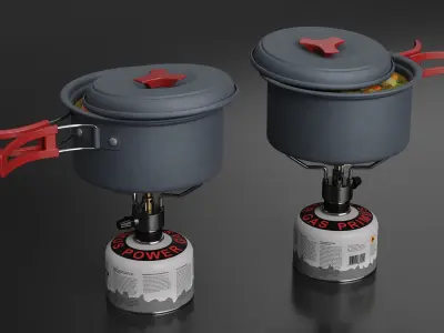 Hiking Soup Pot Red Handle Gas Stove Setup 3D model