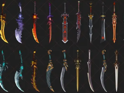 100 Fantasy Battle Sword 2D Game Asset 3D model