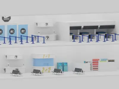 Cartoon LowPoly Airport Terminal Interior Scene Low-poly 3D model