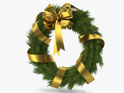 Christmas Wreath with Gold Bow and Ribbon 3D model
