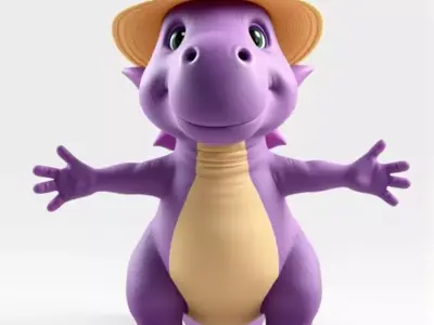 Purple Dinosaur with Straw Hat Rigged and Animated Model Low-poly 3D model