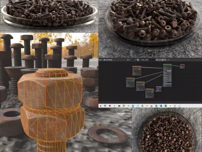 Nut And Bolt Set 4 Rusted Version Low-poly 3D model