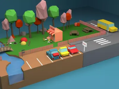 Camp Low-Poly 3D Model town with trees and river Low-poly 3D model