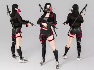 Fully armed female warrior standing 3D model