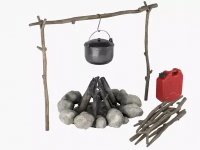 Campfire fire pit with pots and pans Low-poly 3D model