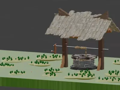 low poly well with garden 3D model