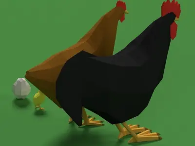 Low Poly Rooster Hen Chicken Egg Set Low-poly 3D model