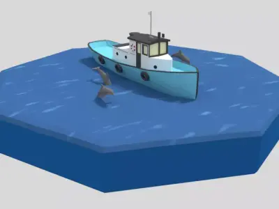 Low Poly Cartoon Fishing Boat and Dolphins Low-poly 3D model