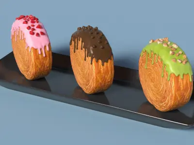 Round Croissant Pastry with Three Glazed Flavors on Tray 3D model