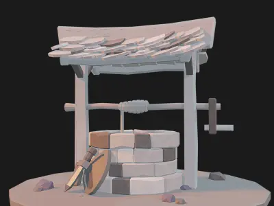 Low poly well with sword and shild aside Low-poly 3D model