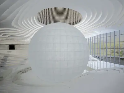 Museum interior of building with ball inside 3D model